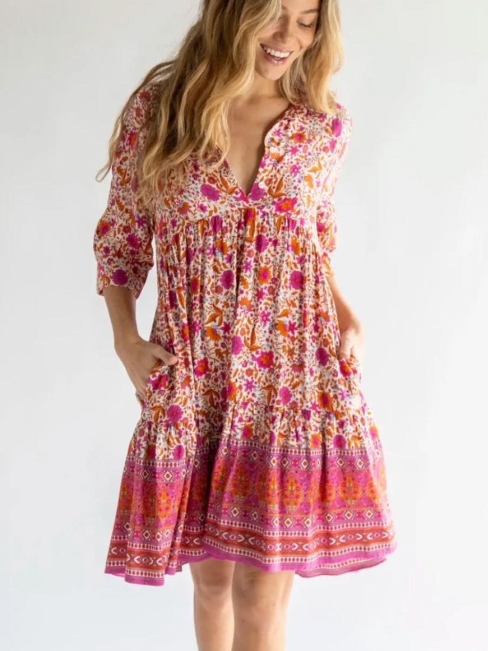 Natural Life Becca Floral Tiered Short Dress Size XXL Pink Border